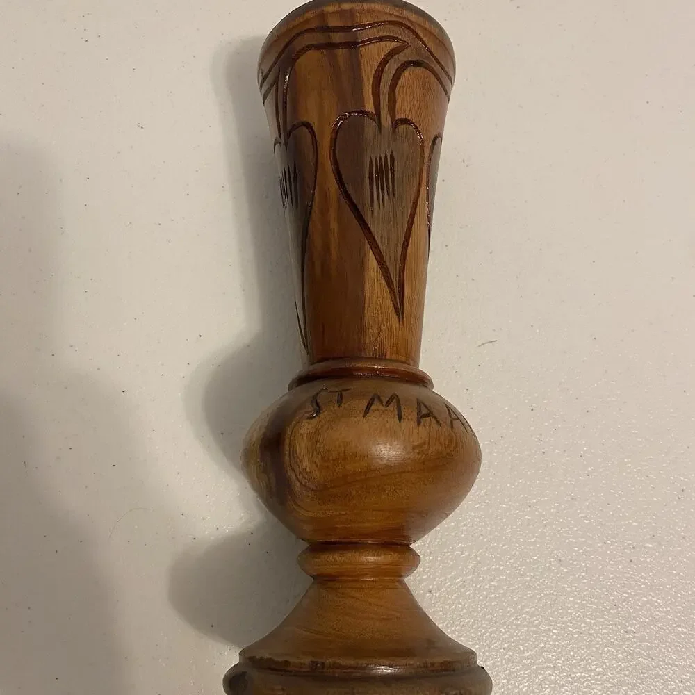 Vintage Hand Carved 9”Tall Wooden Vase Floral Designs Mahogany Falk Art
